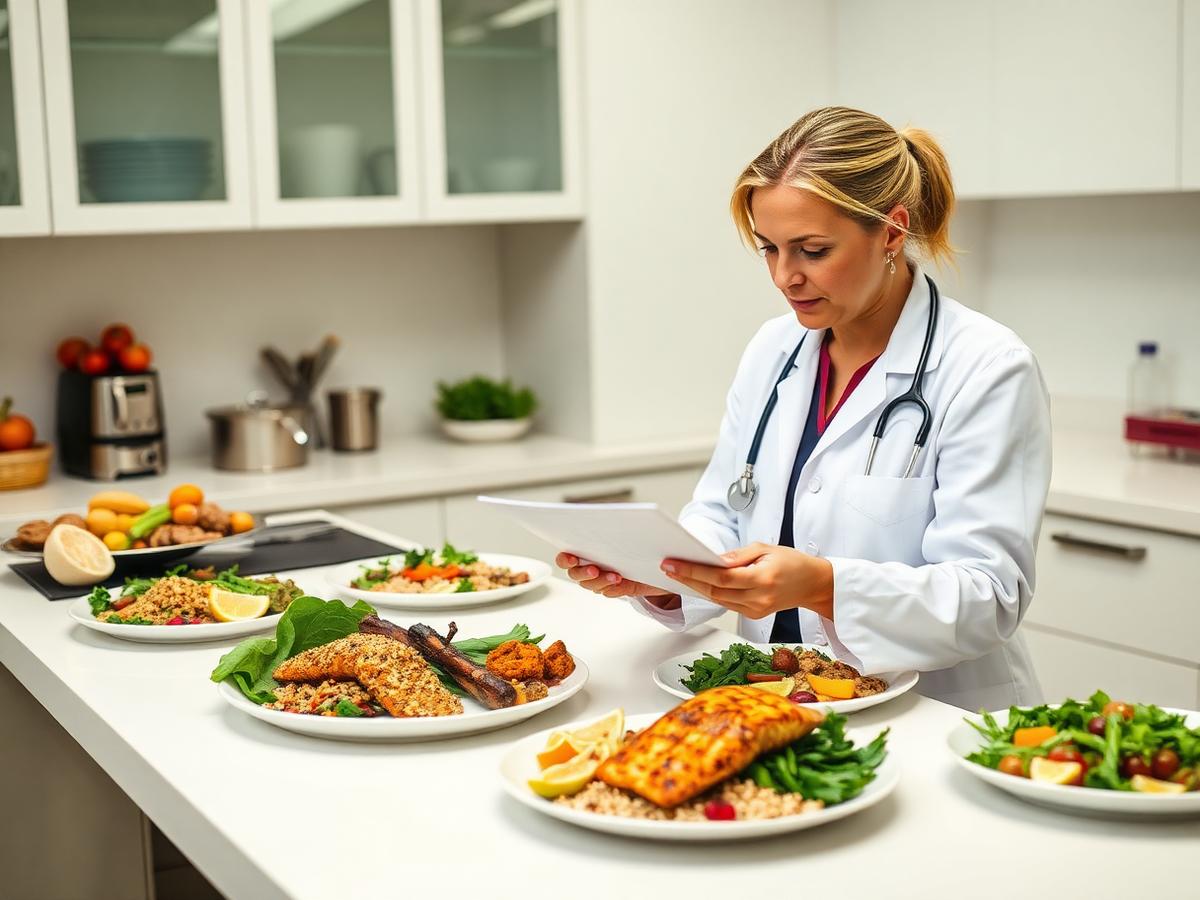 Nutricionista revisando cardápio ao lado de pratos equilibrados